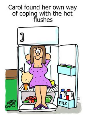 Cartoon graphic of a women standing in a fridge 